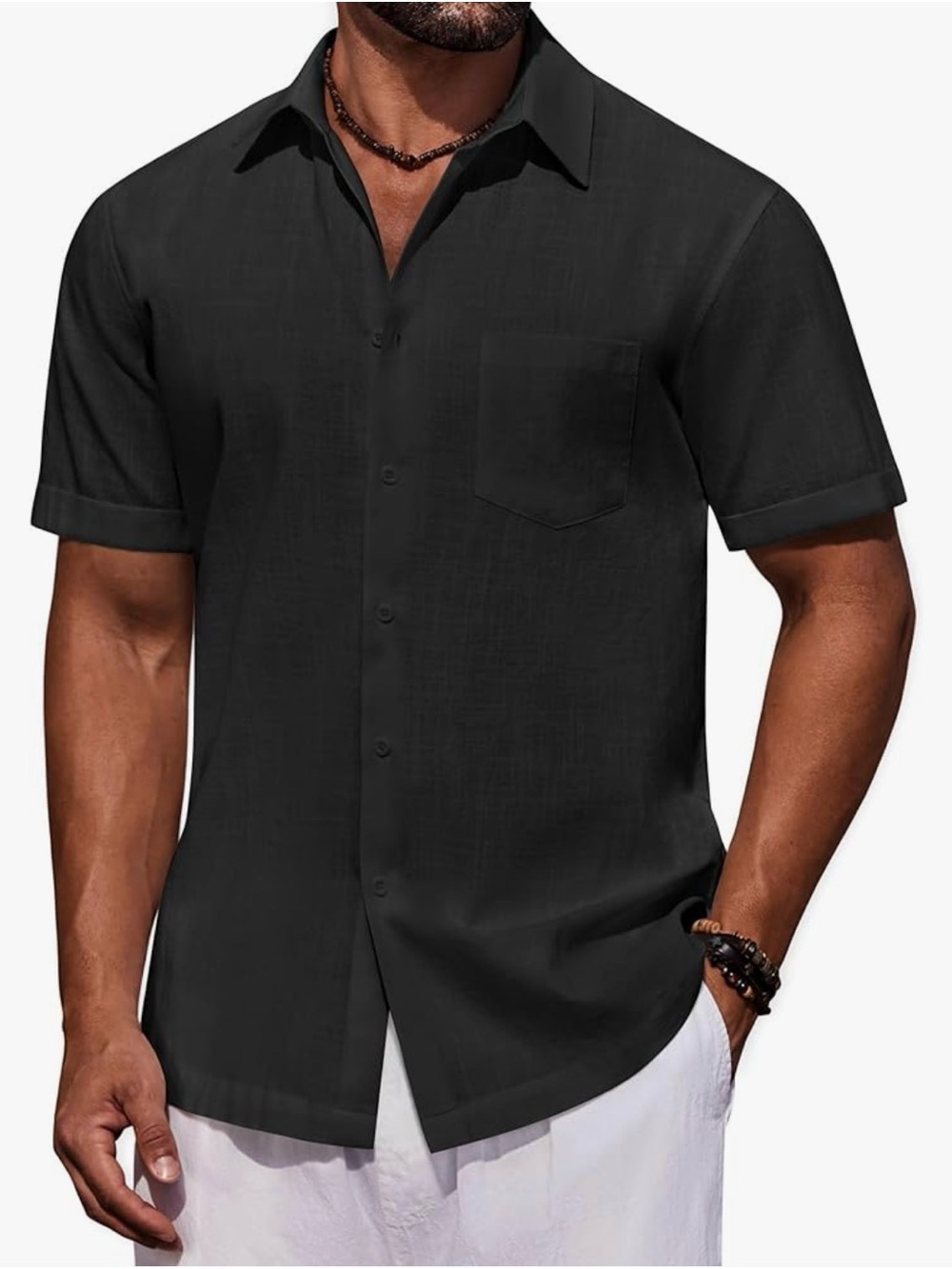 Men's Black Cotton Short-Sleeve Button-Down Shirt - Relaxed Casual  office 1191